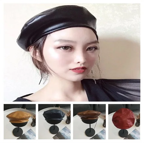 Women PU Leather Beret Hat Autumn Winter Flat Cap Solid Black Coffee Camel Wine Red Navy Fashion French | Аксессуары для одежды