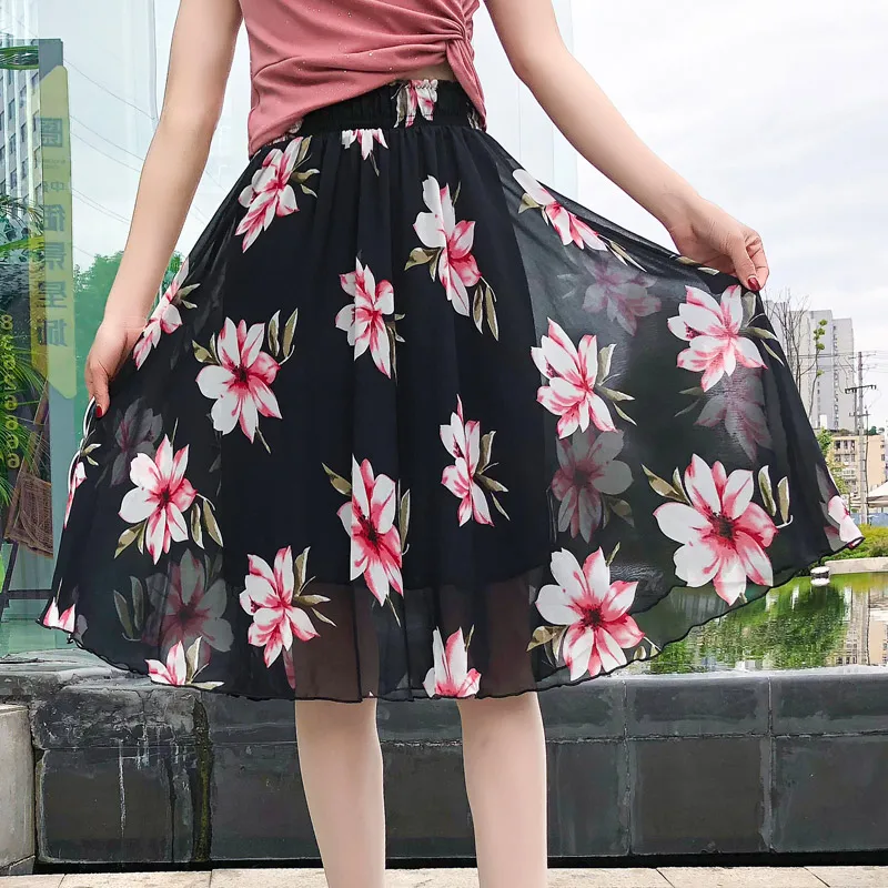 

Floral Skirt Women's Mid-Length High Waist plus Size A- line Dress Drape Expandable Printed Elastic Waist Pleated Chiffon Skirt