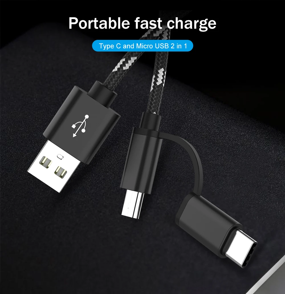 2 in 1 USB Cable Type C Fast Phone Charging Cable For Samsung S8 S9 Micro USB Dual Charging USB C Charge Cable For Redmi note 7