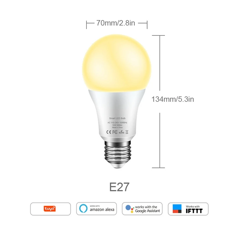 FFYY-Tuya Smart Life Wifi умный светодиодный светильник лампа E27 10 Вт 900Lm 2700 к 6500 к холодный теплый белый светильник для работы с Alexa Google Home