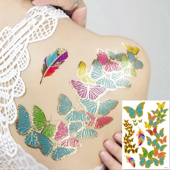 Tatouage de papillon métallique doré argenté, autocollants temporaires imperméables sur le corps, pour femmes et hommes, Style Boho