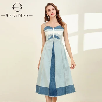 

SEQINYY Denim Dress 2020 Summer Spring New Fashion Design Women High Quality Blue Contrast Color Sleeveless Knee A-line Dress