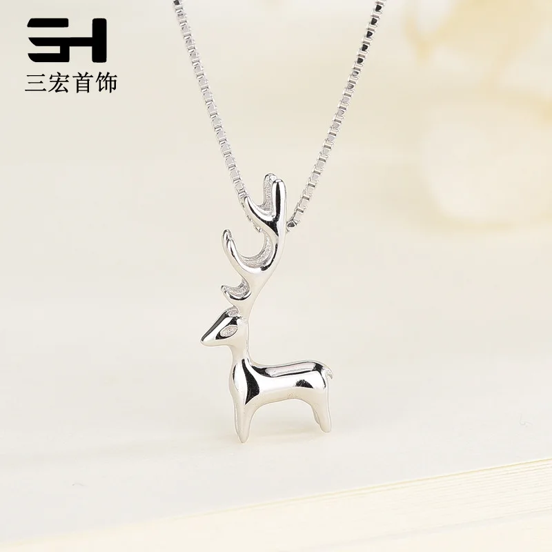 

San hong S925 Sterling Silver Necklace Women's Korean-style Sweet Little Elk Necklace Cute Little Animal Deer Short Choker