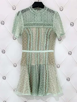 

High Quality Lace Dress 2020 Summer Women Hollow Out Lace Embroidery Short Sleeve Slim Fitted A-Line Sexy Club Dress Above Knee