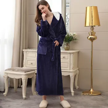 

Hooded Daily Dressing Gown Waist Tie Autumn Winter Home V Neck Ladies Long Sleeve Elegant With Pocket Women Robe Warm Thickened