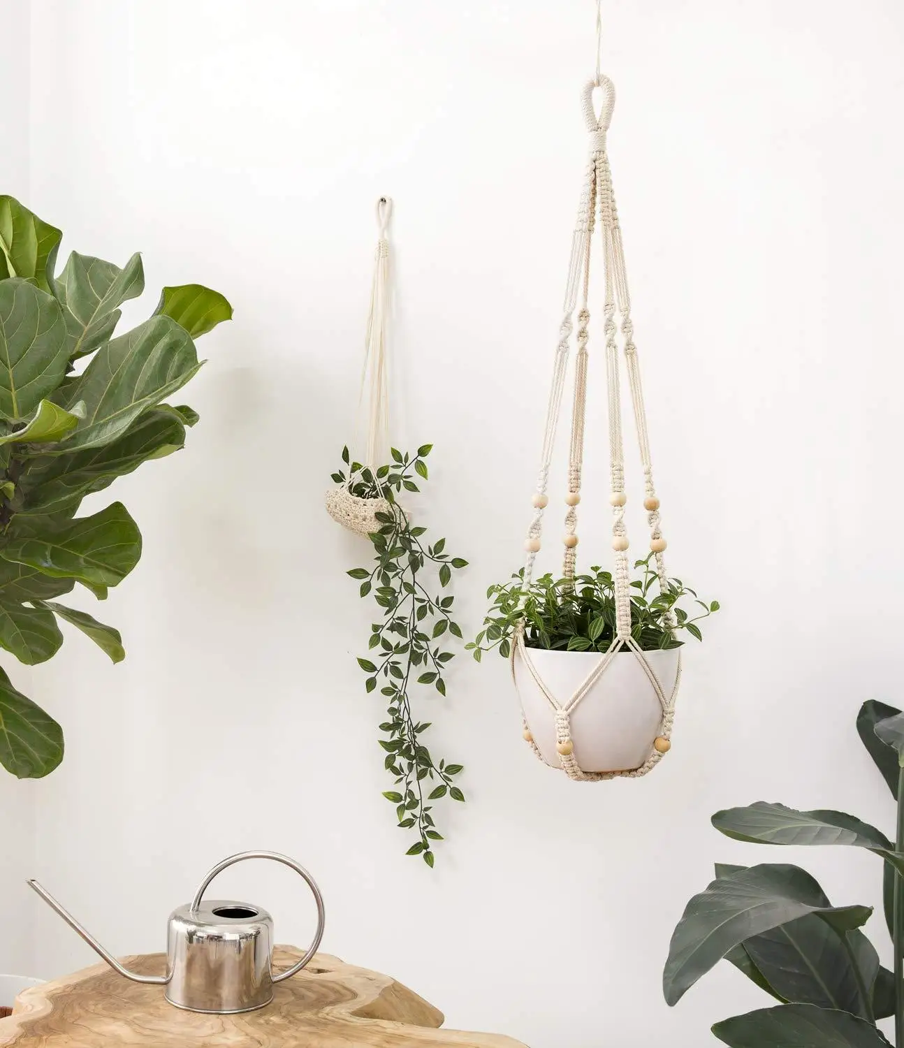 2pcs Handmade Macrame Cotton Rope Plant Hanger  with Beads, Hanging Planters for Indoor Outdoor Boho Home Decor, 35 Inch (89cm)