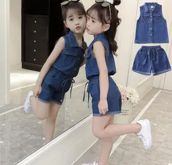 

Thin girls' denim suit summer fashion Korean fashion children's fashionable denim shorts two piece fashion suit kids clothes