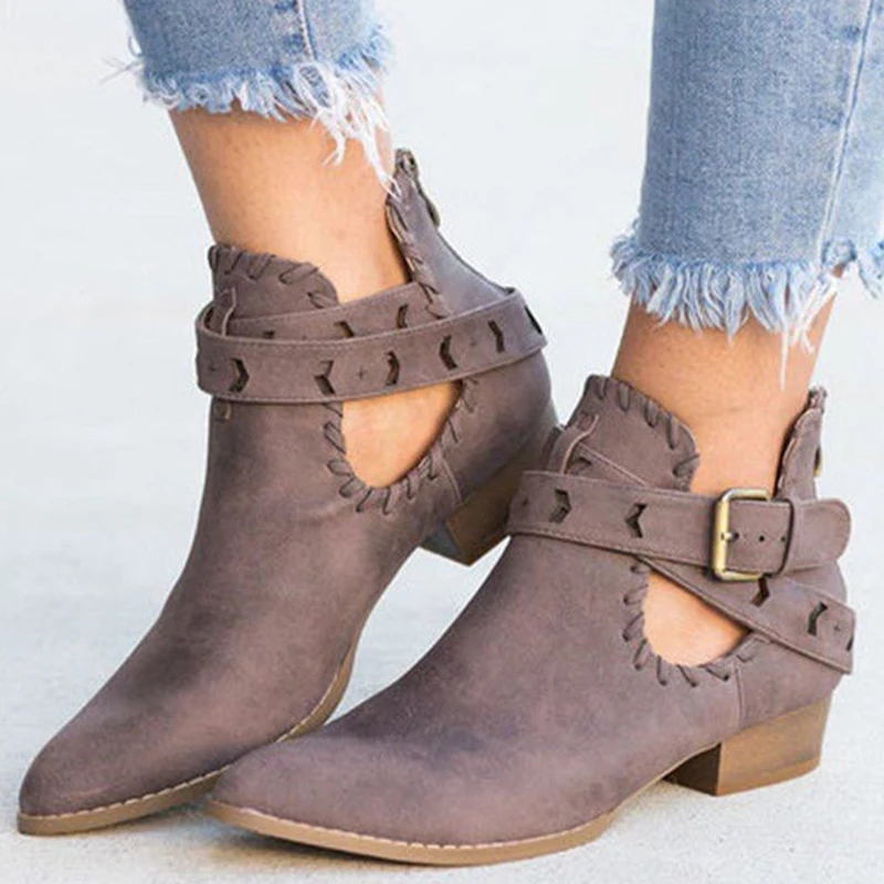 

Winter Women Boots Faux Suede Slim Biker Ankle Weaving Belt Point Toe Platform High Thick Heels Ladies Shoes Zapatos De Mujer