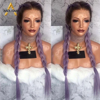 

Aiva Hair Long Wavy Synthetic Lace Front Wig Heat Resistant Ombre Purple Braided WigS Silk Straight Cosplay Wigs For Black Women
