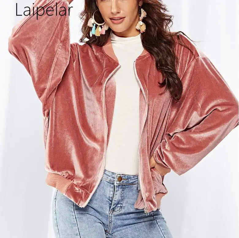 low cost  Laipelar High Street Pink Velvet Bomber Jacket Women Fashion Loose Velour Baseball Jacket Pocket Sh