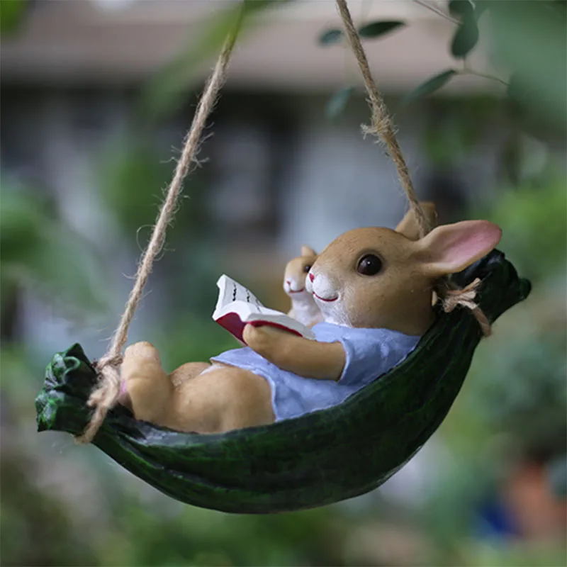

Outdoor Pastoral Swing Mother Child Resin Rabbit Fairy Garden Accessories Crafts Courtyard Balcony Villa Ornaments Decoration