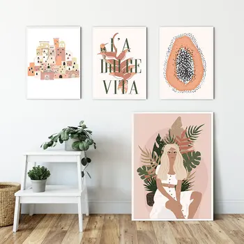 

Abstract Burnt Orange Girl with leaf Wall Art Canvas Painting Tiger Fruit Minimalist Drawing Posters Boho Prints Home Decoration