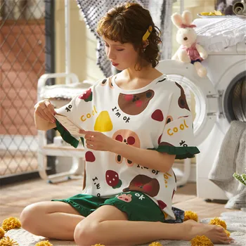 

Summer spring O-neck pajamas can be worn outside cartoon sweet pattern short sleeve comfortable ladies cute 2 piece suit pajamas
