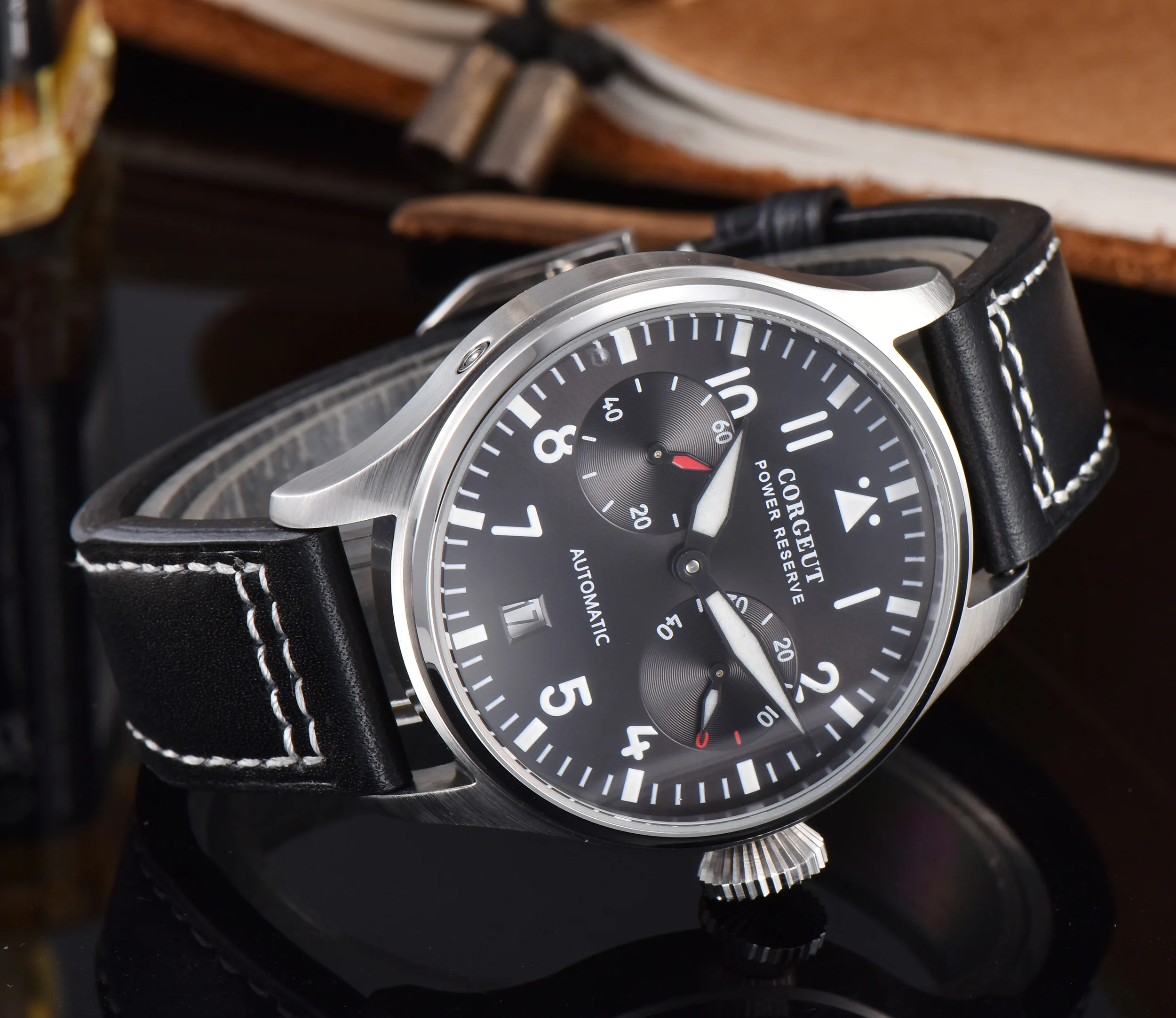 Роскошный бренд Corgeut42MM Автоматические Мужские механические наручные часы Ночная Дата черный циферблат из нержавеющей стали настоящий ремень мужские часы