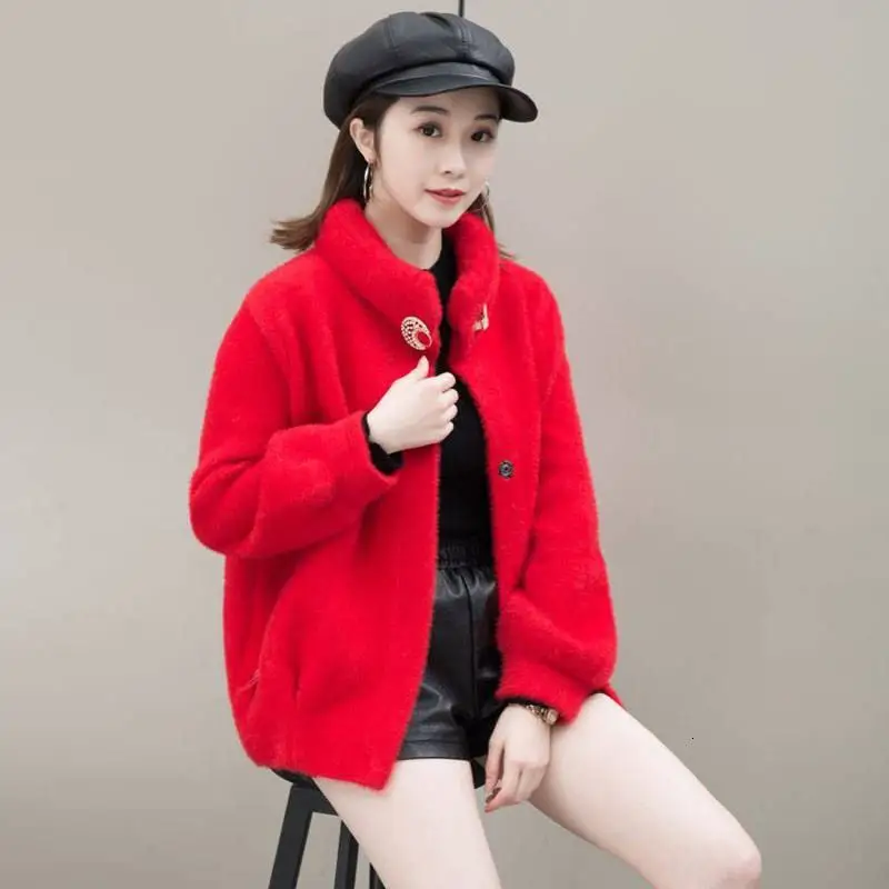 red Новинка, зимнее женское пальто в Корейском стиле, свободное, мягкое, из искусственной норки, шерстяное пальто, куртка большого размера, женское, плюшевое, толстое, теплое пальто, Casaco K101 - Цвет: red