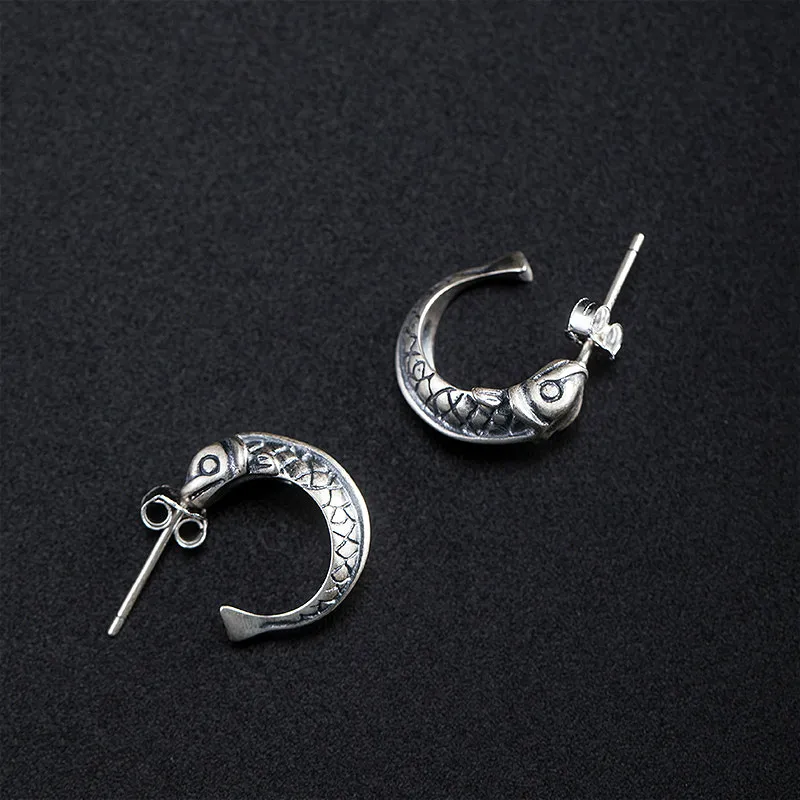 

Flyleaf 100% 925 Sterling Silver Do The Old Carp Stud Earrings For Women Chinese Classical Style Handmade Vintage Jewelry