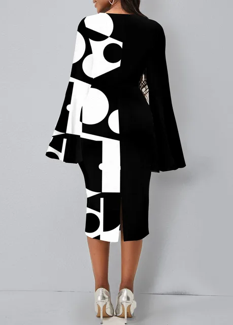 Geometric Print Flare Sleeve Midi Dress 2