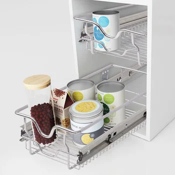

2pcs Kitchen Sliding Cabinet Organizer Castor Holder Pull Out Chrome Wire Storage Basket Drawer Fit 11.8" Wide Kitchen Cupboards