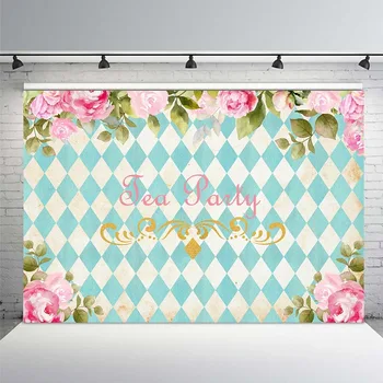 

Let's Celebration Birthday Photo Background Blue and Red Flowers Backdrops Summer Season Green and White Squares Ice Cream