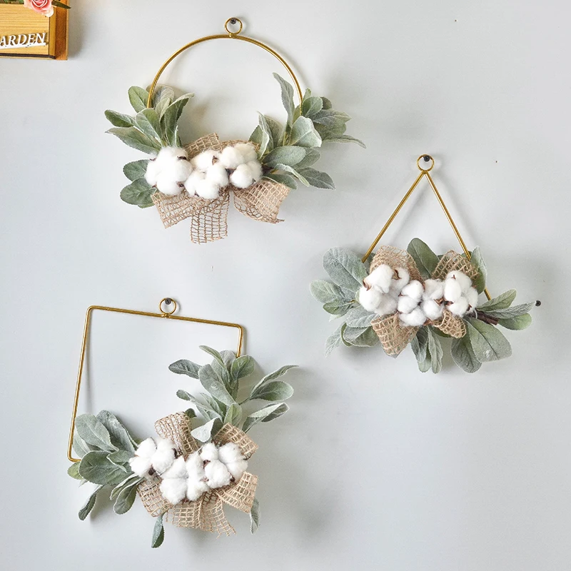 JAROWN European Style Geometry Metal Cotton Flower Garland Hemp Rope Home Wall Decoration Furnishing Artificial Plant Hanging Ring (4)