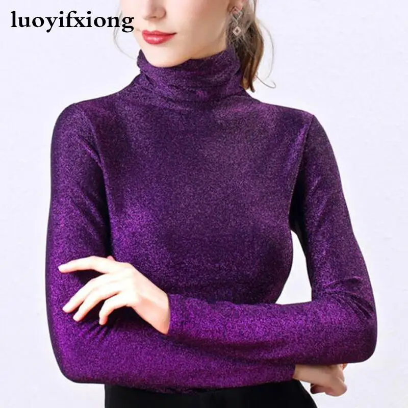 

Long Sleeve Turtleneck Bright Silk Women Blouses Fashion Slim Korean Shiny Lurex Womens Tops and Blouses Plus Size Ladies Tops