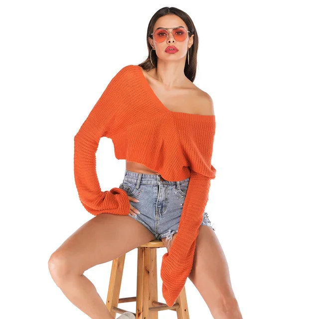 Womens Sweaters Short Cropped Sweater Women Winter Loose Solid Color Sweater Long Sleeve V-neck Winter Clothes Women Pull Femme