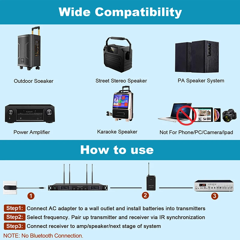 lavalier microphone Phenyx Pro 4x40 Channels Wireless Microphone System  Cordless Mic Set Auto Scan 328ft/m Coverage for DJ, Church,Events PTU-7000 mic