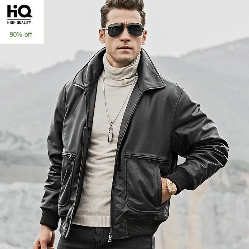 

Euro Plus Size Genuine Leather Cowhide Mens Jackets Rib Sleeve Zipper Turn Down Collar Pockets Casual Male Cotton Liner Coats