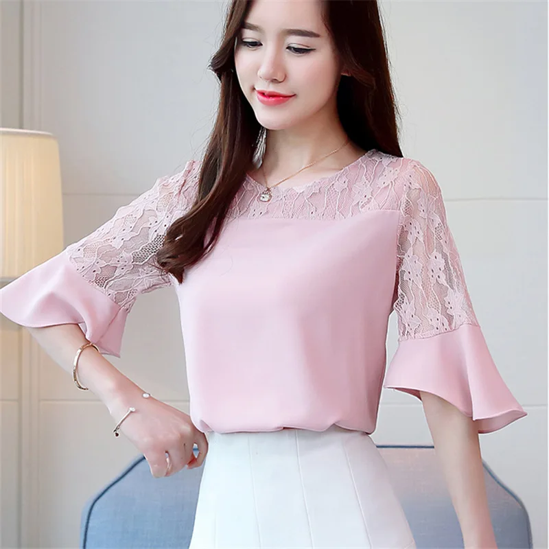 Rendas шифон Mulheres Camisas E Blusas Nova Moda Alargamento Топы с коротким рукавом и круглым вырезом de Roupas Casuais Senhoras blusas