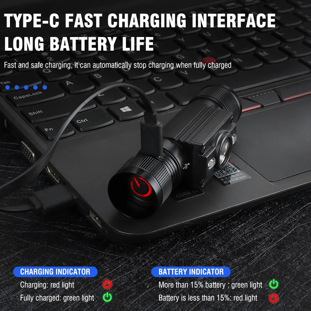 LED Headlamp 7-Modes Powerful Waterproof Headlight Type-C Rechargeable