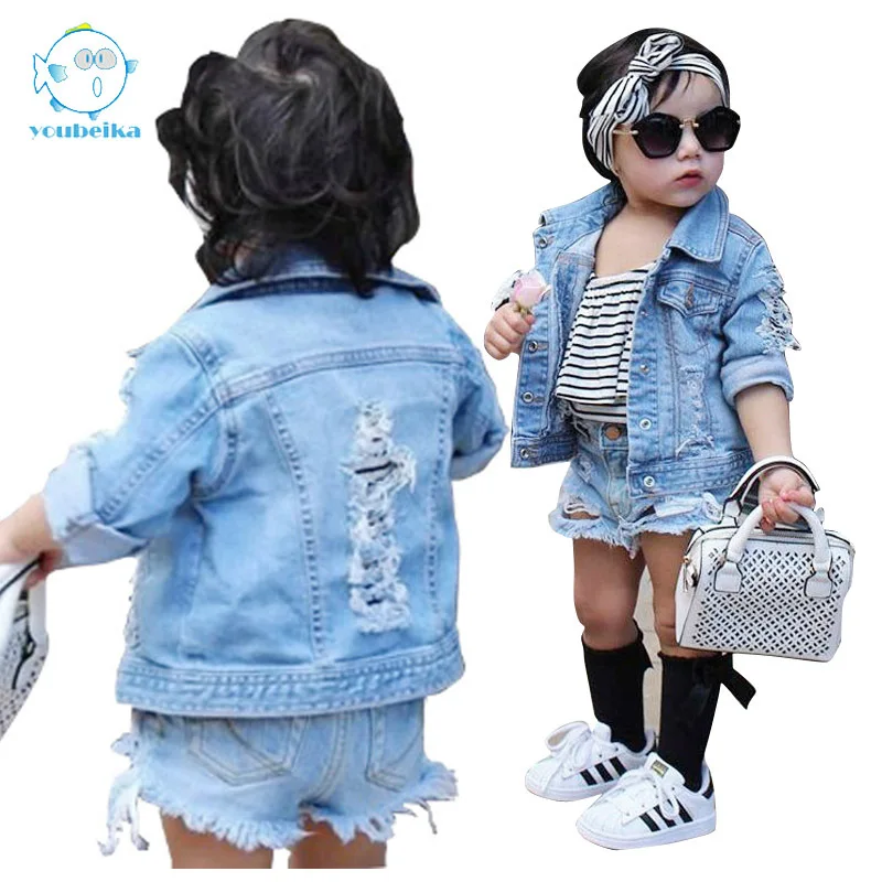 

2017 Autumn INS Hot Selling Baby with Holes Jeans Coat Europe And America Cotton Beggar Jeans Coat a Generation of Fat