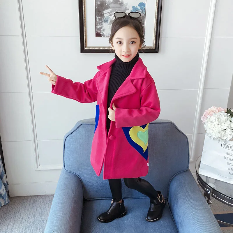 Puckcovi/шерстяное пальто для девочек Детская шерстяная одежда с отложным воротником комбинированная одежда детская теплая зимняя утепленная верхняя одежда модная одежда для девочек возрастом от 3 до 13 лет - Цвет: Rose wool coat