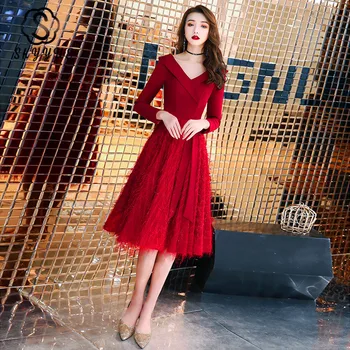 

Skyyue Long Sleeves Evening Dress V-Neck Evening Gown Burgundy Plus Size Robe De Soiree K317 Zipper Formal Dress Women Elegant