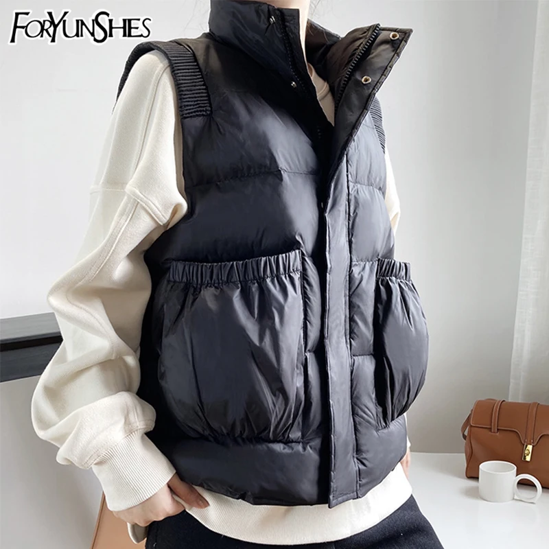 

FORYUNSHES Women Winter Cotton Vest Female Pleated Big Pockets Casual Loose Sleeveless Jackets Waistcoat 2020 Korean Style New