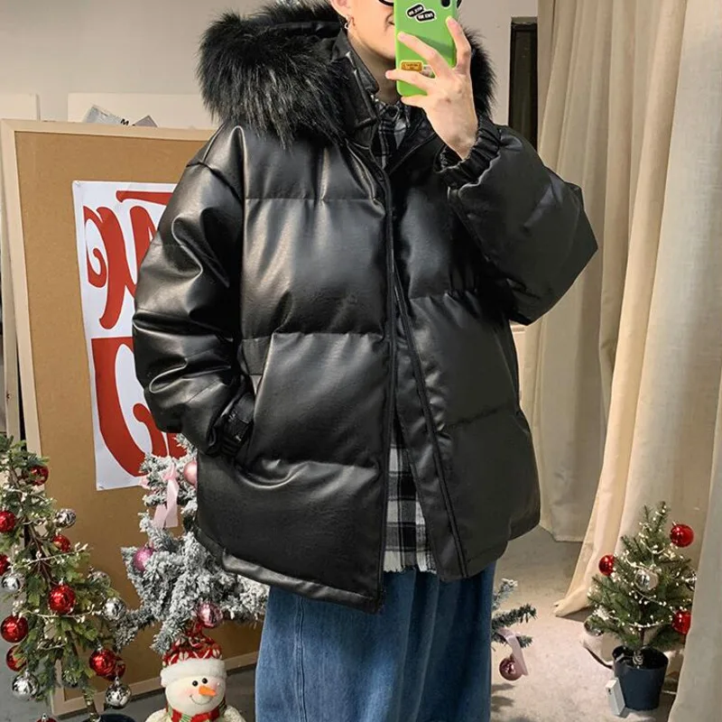 

Winter Thick Leather Jacket Men's Parka Warm Fashion Casual Fur Collar Hooded Coat Men Streetwear Loose Short Leather Coat Mens