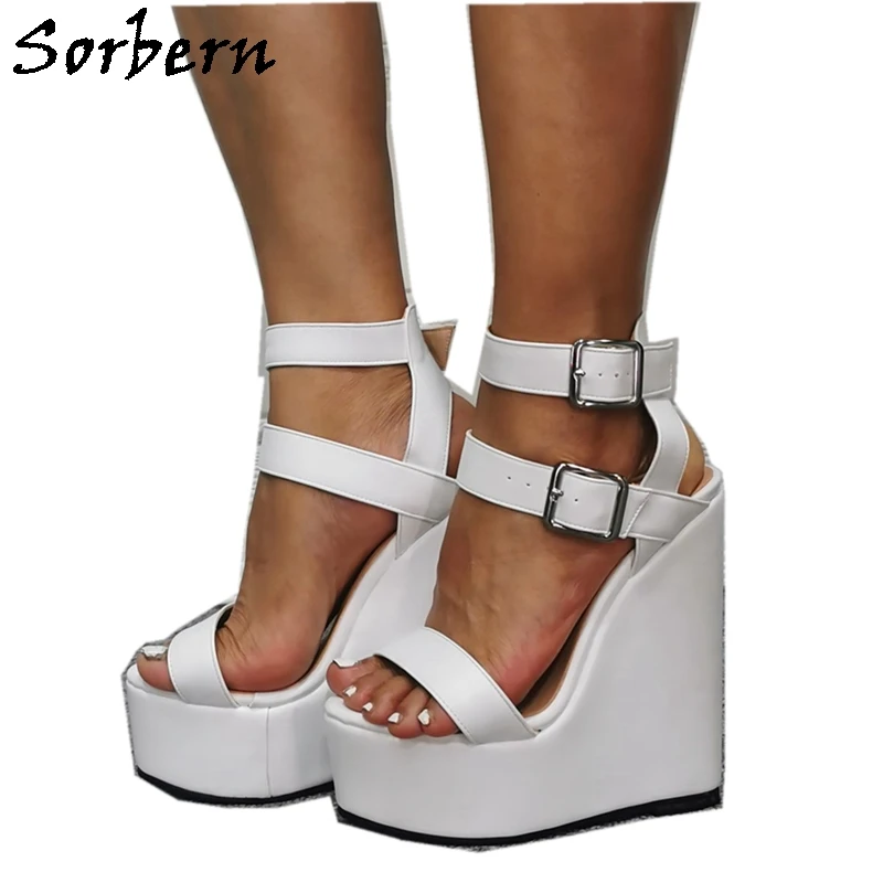 Sorbern Comfortable White Women Sandals Wedge High Heel Slingback Ankle Straps Summer Style Plus Size Women Heels 44 45 46