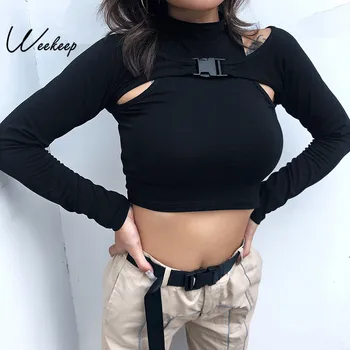 

2020 Sexy Patchwork Buckle Hollow Out t shirt Women Black Long Sleeve Cropped Tee Shirt Femme Streetwear t-shirt Women Tops