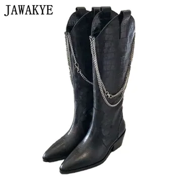 

Black crocodile leather knee high boots women pointy toe chain embellished long boots Winter cowboy knight boots botas feminina