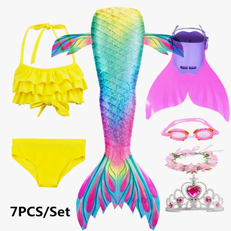 7pcs as picture show Модный купальный костюм русалки С флиппером, детские плавательные хвосты русалки для девочек, летняя пляжная одежда, купальный костюм - Цвет: 7pcs as picture show