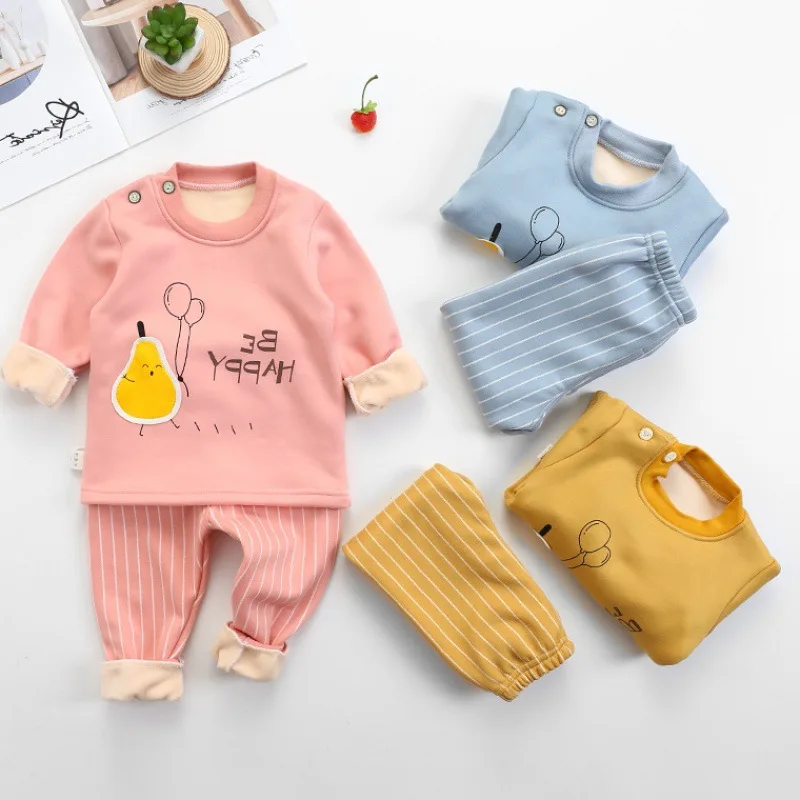 

2019 Autumn And Winter New Style Thermal Underwear Children plus Velvet Thermal Underwear Two-Piece Set Fashion