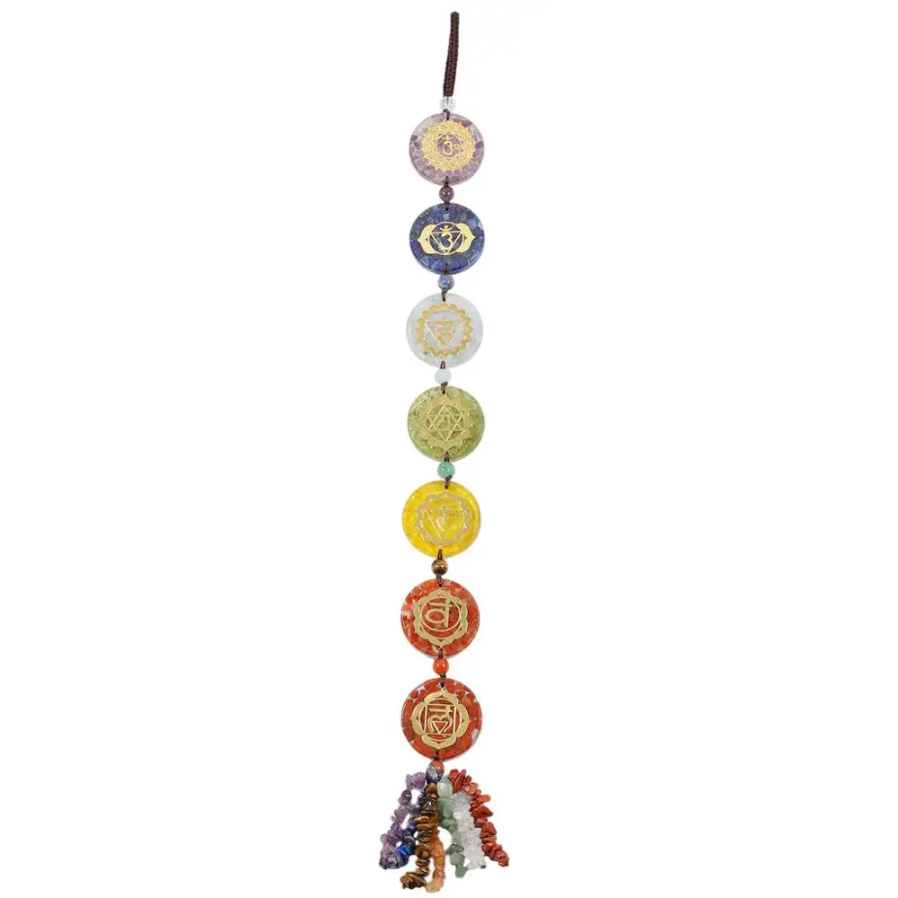 

TUMBEELLUWA Reiki Resin 7 Chakra Chip Stones Round Feng Shui Hanging Ornament Healing Crystal Lucky Window Wall Decor Home Decor