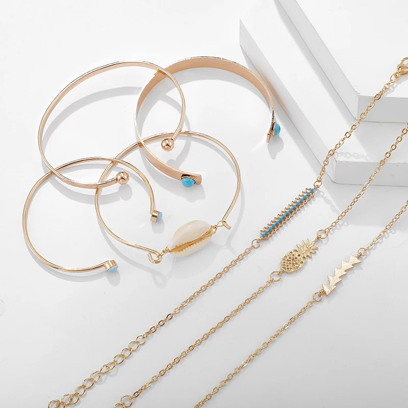 Docona Boho основа футболка с вырезом лодочкой, стрелка многослойный браслет набор для Для женщин Металл открытие регулируемый браслет-цепочка браслет 7 шт./компл. 9628
