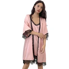 Весна Лето Женский шелковый халат и платье наборы сексуальный 2 шт. атласное платье для сна без рукавов Пижама Халат+ ночные рубашки кружевное ночное белье