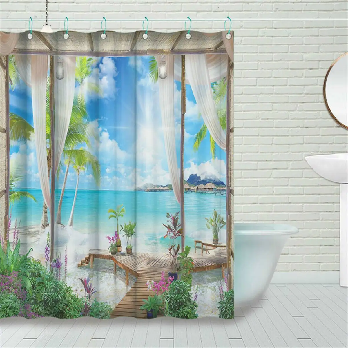 3D Sunny Beach Printed Shower Curtain Set Sea Scenery Bath Screen Waterproof Bathroom Curtains Non Slip Bath Mat Pedestal Rug