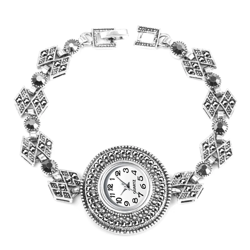 Montre Femme, новые женские винтажные кварцевые наручные часы, платье, часы для женщин, черный кристалл, браслет, часы, старинные серебряные часы для женщин