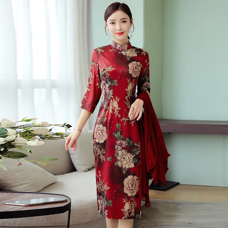 

2019 Spring Clothing New Style WOMEN'S Dress Slim Fit Improved Ethnic-Style Cheongsam Dress Cheongsam Two-Piece Set