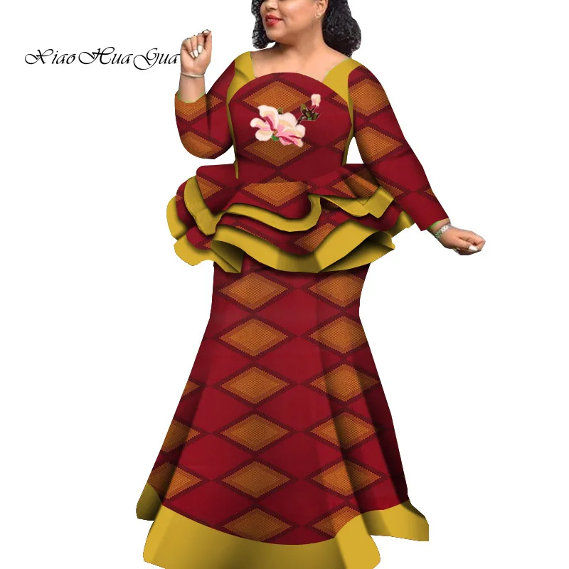 Африканский стиль, Базен Riche, платья для женщин, комплект из двух частей, женские топы с длинным рукавом и юбка-Русалка с принтом размера плюс, WY5992