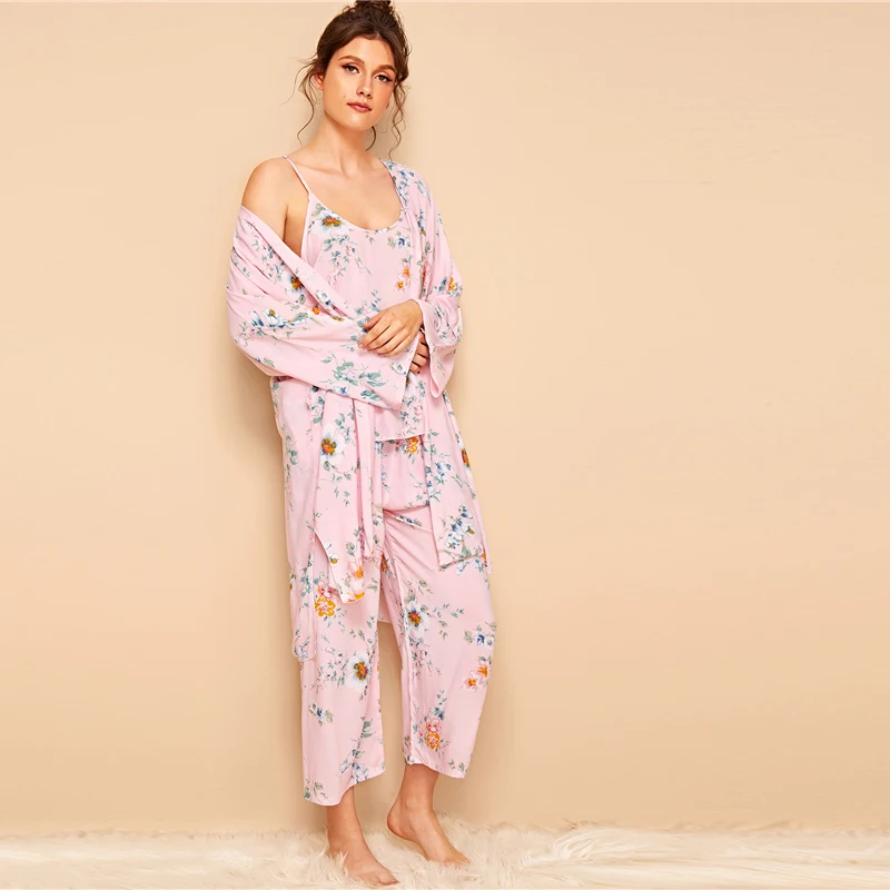 SHEIN цветочный принт Cami пижамный комплект с халатиком для женщин Летняя повседневная одежда для сна Спагетти ремень с длинным рукавом поясом женский халат