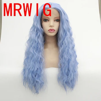 

MRWIG Live Hair Blue Middle Part Blue Long Curly Synthetic Glueless Front Lace Wig Cosplay or Party