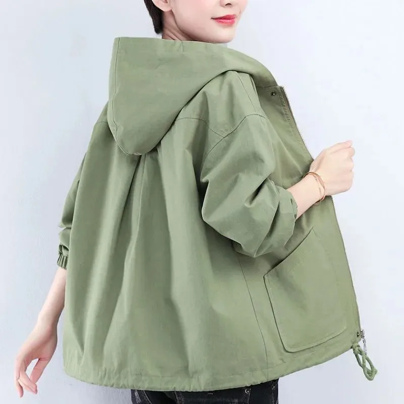 

Spring Autumn Short Coat Women Hooded Jacket Korean Long Sleeve Pocket Windbreaker Female Femme Loose Outerwear 5XL G1275